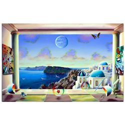 Ferjo, "Coastal View of Santorini" Original Painting on Canvas, Hand Signed with Letter of Authentic
