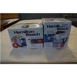 AS NEW HAMILTON BEACH COMPACT GLASS KETTLE AND CLASSIC CHROME TOASTER - WORKING