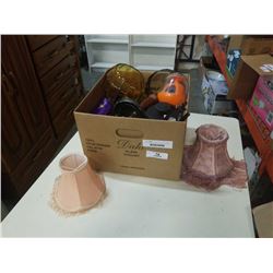 Box of vintage collectible, amber glass, lamp and more