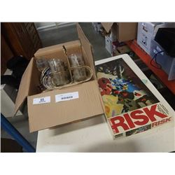 BOX OF COLLECTOR PLATES, MCM GLASSES ON STAND, SMALL WHISKEY JUGS, RISK BOARD GAME