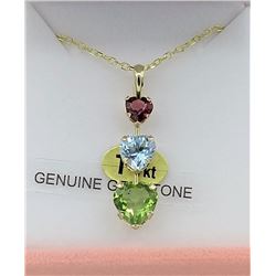 14KT YELLOW GOLD GENUINE PERIDOT, AQUAMARINE, AND GARNET TRIPLE HEART PENDANT W/ 16in STERLING GOLD 