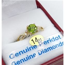 14KT YELLOW GOLD 6MM GENUINE PERIDOT AND DIAMOND RING W/ APPRAISAL $2065 - SIZE 6.25, 1CT PERIDOT, 0