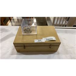 WOODEN BOX W/ PINS AND CASE OF CUFFLINKS AND WATCH