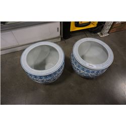 2 LARGE EASTERN PLANTERS APPROX 17 INCHES ACROSS, 14 INCHES TALL