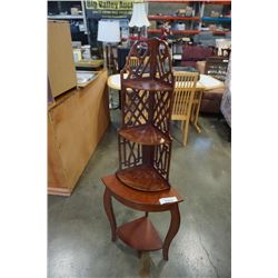 CORNER ENDTABLE AND WOOD KNICKNACK SHELF