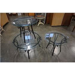 3 PIECE ROUND METAL GLASSTOP COFFEE TABLE SET