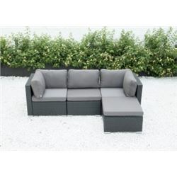 BRAND NEW RATTAN OUTDOOR 4 PIECE MODULAR SECTIONAL SOFA W/ DARK GREY CUSHIONS - RETAIL $1299 POWDER 