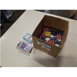 BOX OF POKER CHIPS AND CARDS