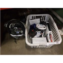 WII CONSOLE, VIDEOGAMES, XBOX 360 CONTROLLER AND STEERING WHEEL WITH PEDALS