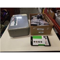 Box of new wallets, gloves and belt with HP printer