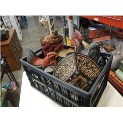 BOX OF WOOD CHICKENS AND CANDLE HOLDERS