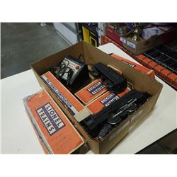 Box of lionel train corporation steel train cars and multi control trainmaster controller