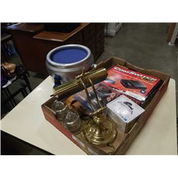 BOX W/ BANKERS LAMP, RADIO TUBES, ASSORTED ESTATE ITEMS