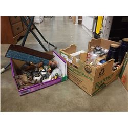 2 BOXES OF BIRD FIGURES, COLECTABLES, FLASKS