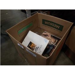 BOX OF RECORDS AND 3 VINTAGE BOTTLES