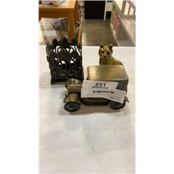 Brass car coin bank, cat figure and napkin holder