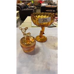 Amber glass candy dish and peach glass lidded jar