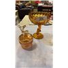 Image 1 : Amber glass candy dish and peach glass lidded jar