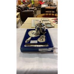 SILVER PLATE VANITY SET AND HUDSON BAY LIDDED DISH