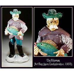 CZECH VINTAGE ART GLASS FIGURE FISHERMAN #1302223