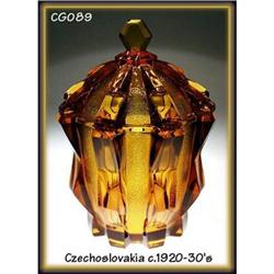 CZECH CUBIST LIDDED TOPAZ color GLASS BOWL #1302255