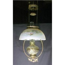 Antique Hanging Oil Lamp Brass & Painted Shade #1321256