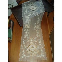 ANTIQUE FRENCH NETTED LACE TAMBOUR RUNNER #1321550