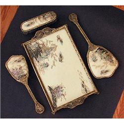 Victorian Brass & Silk Orietal Motif Vanity Set#1338727