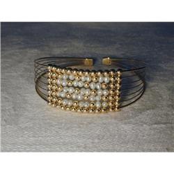 Estate 14K YG Wire Cable Seed Pearl Gold Bangle#1339077