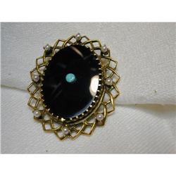 Estate 14K Onyx Opal Seed Pearl Pin Pendant Pin#1339086