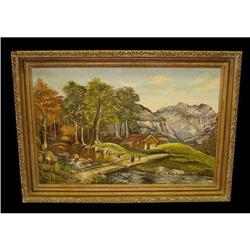 Folk Art Forest Mountain Cottage Landscape Oil #1339334