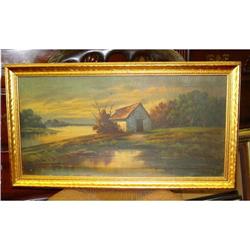 19c Landscape Oil Painting Cottage Cabin Lake #1339335