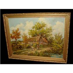 19c Cottage Farm Feeding Chickens Oil Painting #1339337