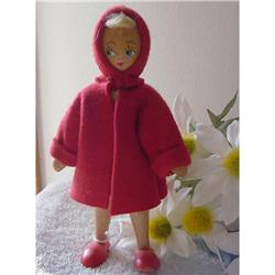 Doll Wooden Poland GIRL RED COAT   Wood 1970s #1356684