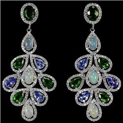 Natural Tanzanite, White Opal, Chrome Diopside Earrings