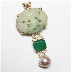 Vintage 14K Yellow Gold Jade, Emerald, Pearl Pendant.  Pendant measures 1  3/4" in length by 3/4" in