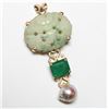 Image 1 : Vintage 14K Yellow Gold Jade, Emerald, Pearl Pendant.  Pendant measures 1  3/4" in length by 3/4" in