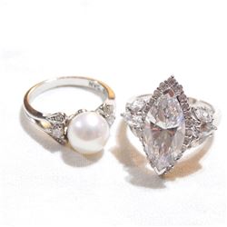 Pair of Lady's Sterling Silver Cubic Zirconia & Pearl Rings - Size 6