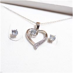 Sterling Silver Aqua Marine Heart Pendant Necklace & Stud Earrings Set.