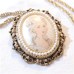 Vintage REAL EGGSHELL, Hand Painted Portrait Pendant on Gold Tone 23.5" Chain.