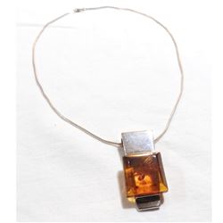 Lady's Vintage Sterling Silver Amber Statement Pendant on 17" Rope Chain.