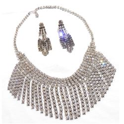 Lady's Vintage Silver-tone Claw set Rhinestone Bib Necklace with Matching Earrings. 2pcs.