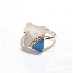 Lady's 14K White Gold Mother-of-pearl, Diamond & Turquoise Statement Ring - Size 6.5