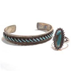 Sterling Silver & Turquoise Ring & Cuff Bracelet Set.  Cuff bracelet is signed M.U. Besselente, and 