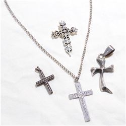 Estate Lot Vintage Sterling Silver Cross Pendants. One comes with a 18" Chain.  Total weight of 22.7