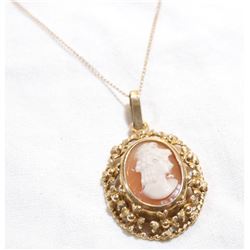 Vintage 14K Yellow Gold Cameo Pendant on 10K Yellow Gold 16.5" Chain.  Total weight of 5.6 grams.