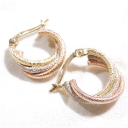 14K Yellow, White, and Rose Gold Hoop Style Earrings. Total weight of 1.8 grams.