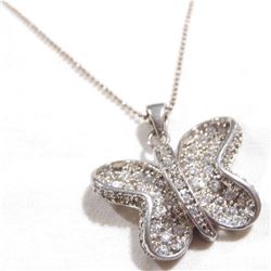 Sterling Silver Cubic Zirconia Accented Butterfly Pendant on 19 1/4" Beaded Chain.