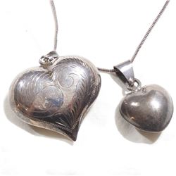 Pair of Vintage Large Sterling Silver 3-Dimensional Heart Pendants on 30" Chain.  Smaller of the Hea