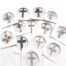 Estate Lot Vintage Mixed Materials Cross Pendants with Stone Accents. You will receive 13 different 